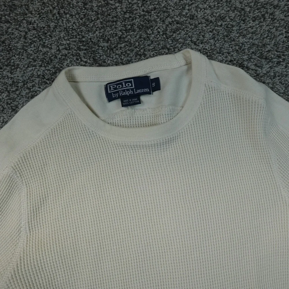 VTG Polo Ralph Lauren Shirt Mens S White Beige Waffle Knit Thermal Crewneck Pony